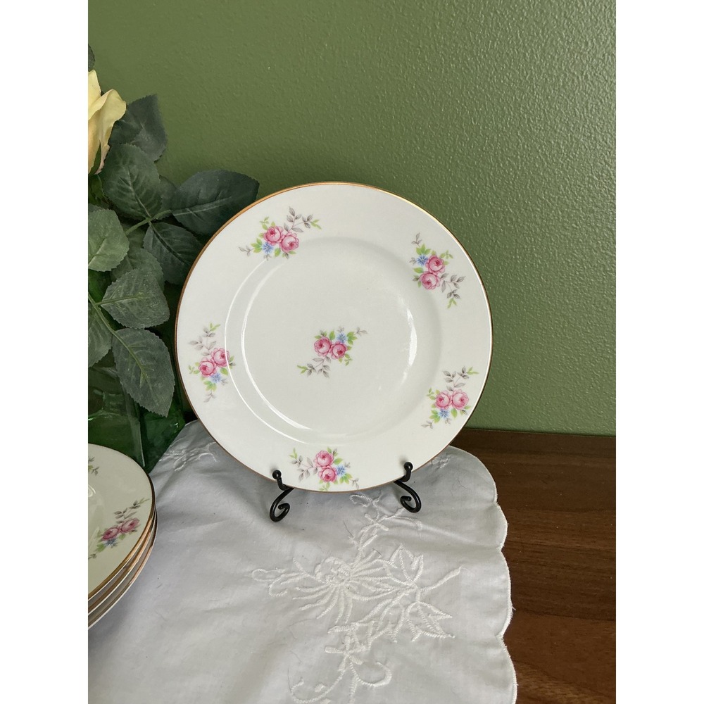 Henneberg 1777 Rose Plates Set of 4 Pink Floral Gold Trim East Germany Vintage
